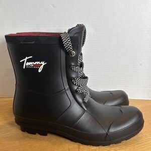 Tommy Hilfiger Mens Black Solid Tamar Lace Up Rain Boots Rubber Boot Size 9M